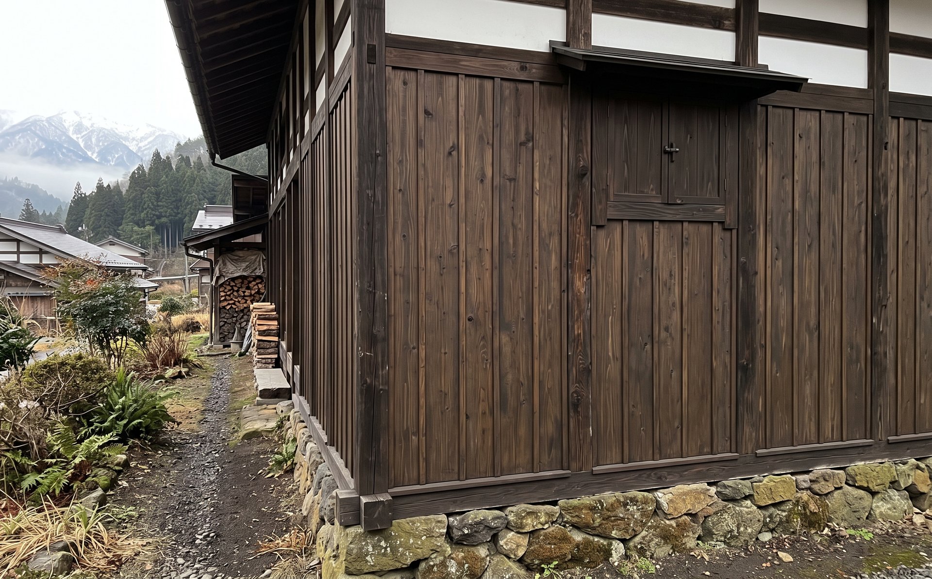 暗めの色で塗った古民家の板壁（イメージ）